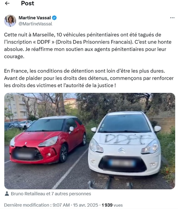 Des véhicules de l'administration pénitentiaire de Luynes ont été incendiés et tagués. Des véhicules de l'administration pénitentiaire de Luynes ont été incendiés et tagués.