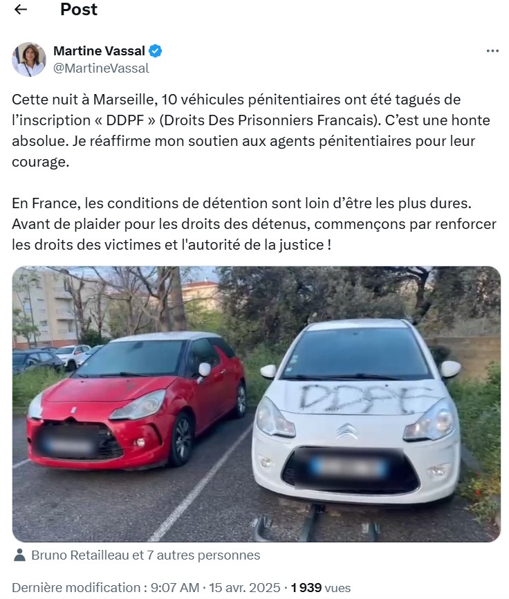 Des véhicules de l'administration pénitentiaire de Luynes ont été incendiés et tagués. Des véhicules de l'administration pénitentiaire de Luynes ont été incendiés et tagués.